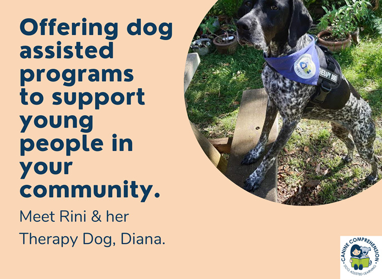 Meet Rini & her therapy dog Diana. Photo of Diana in Canine Comprehension Uniform